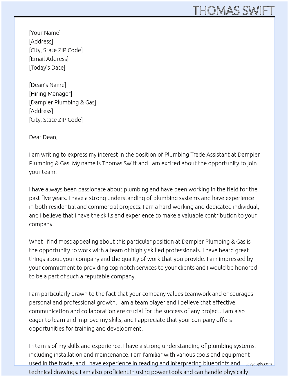plumbing trade assistant At Dampier plumbing & gas Cover Letter