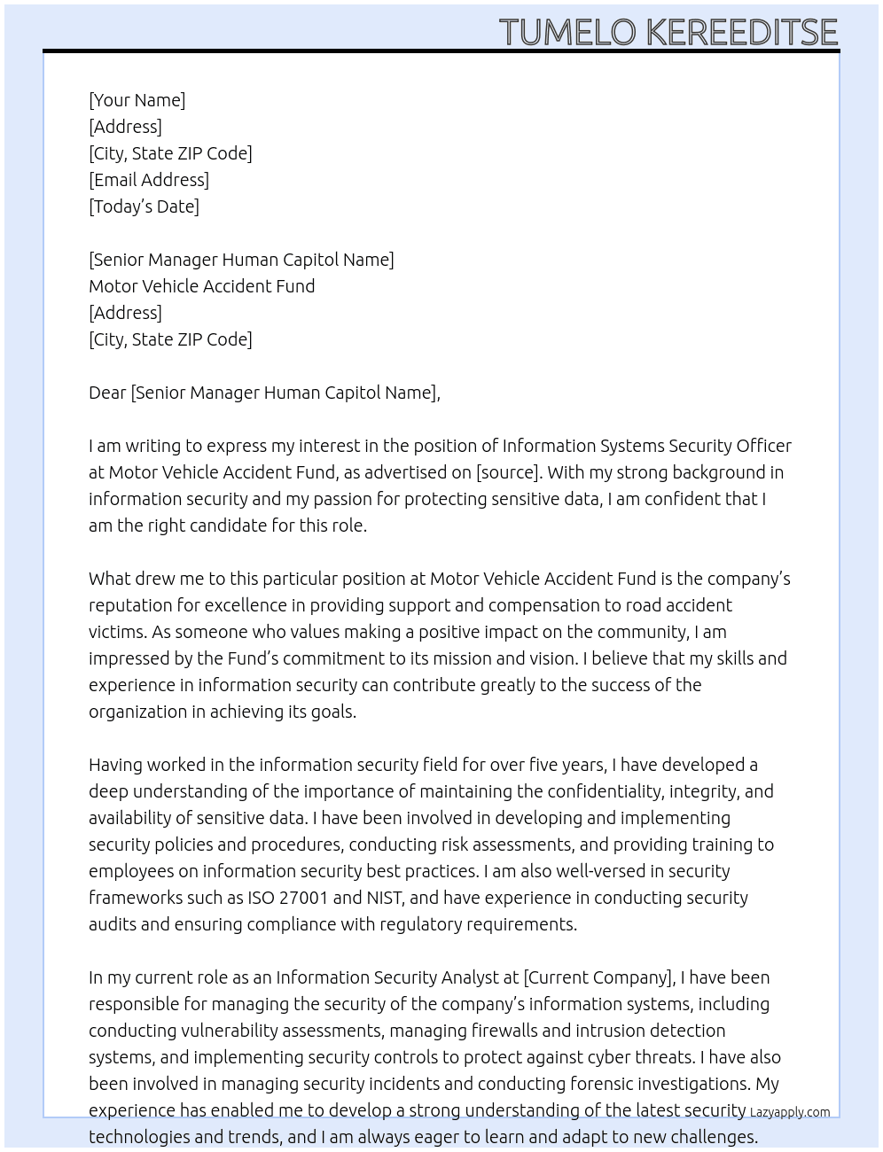 Information Systems Security Officer At Motor Vehicle Accident Fund Cover Letter