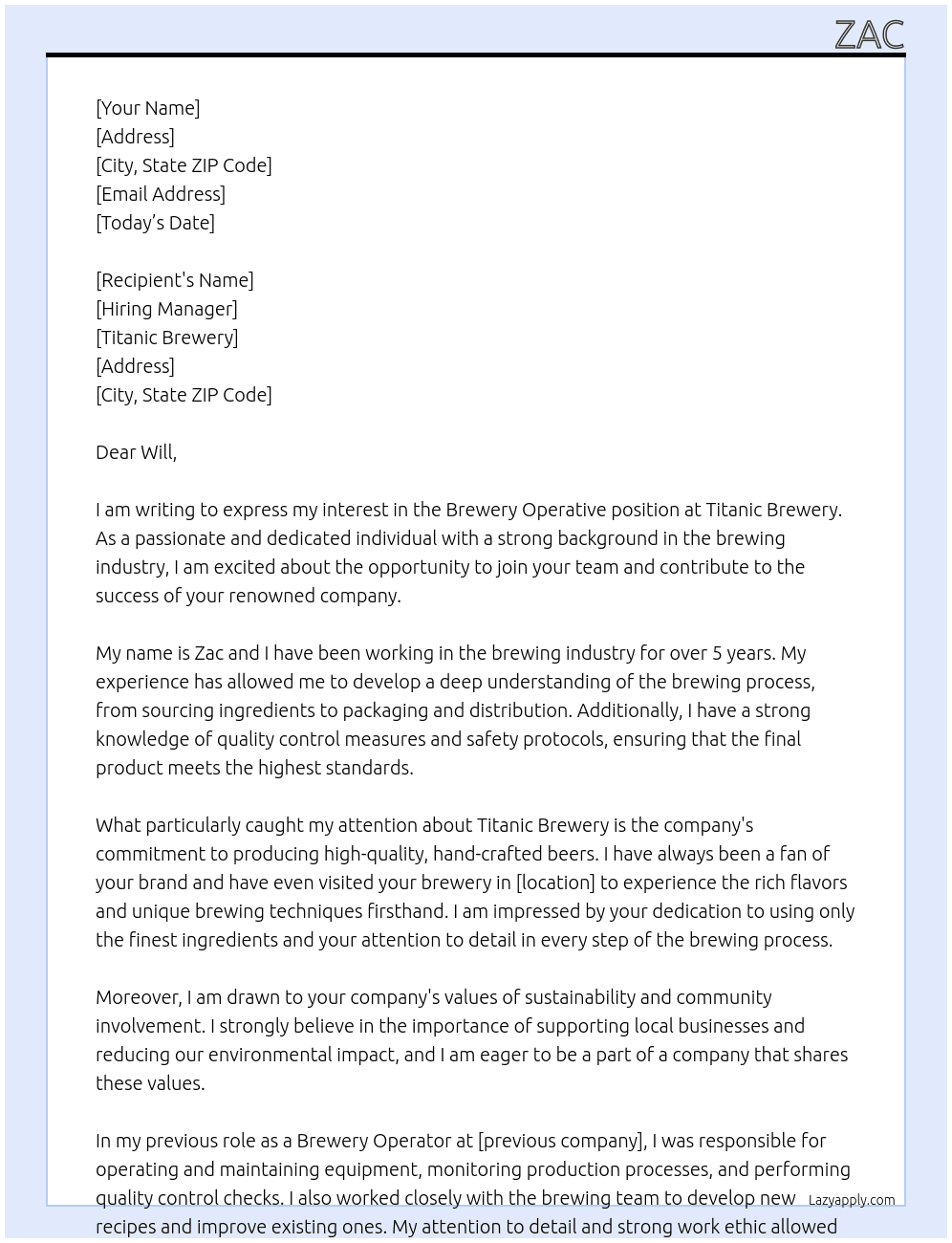 Brewery Operative  At Titanic Brewery  Cover Letter