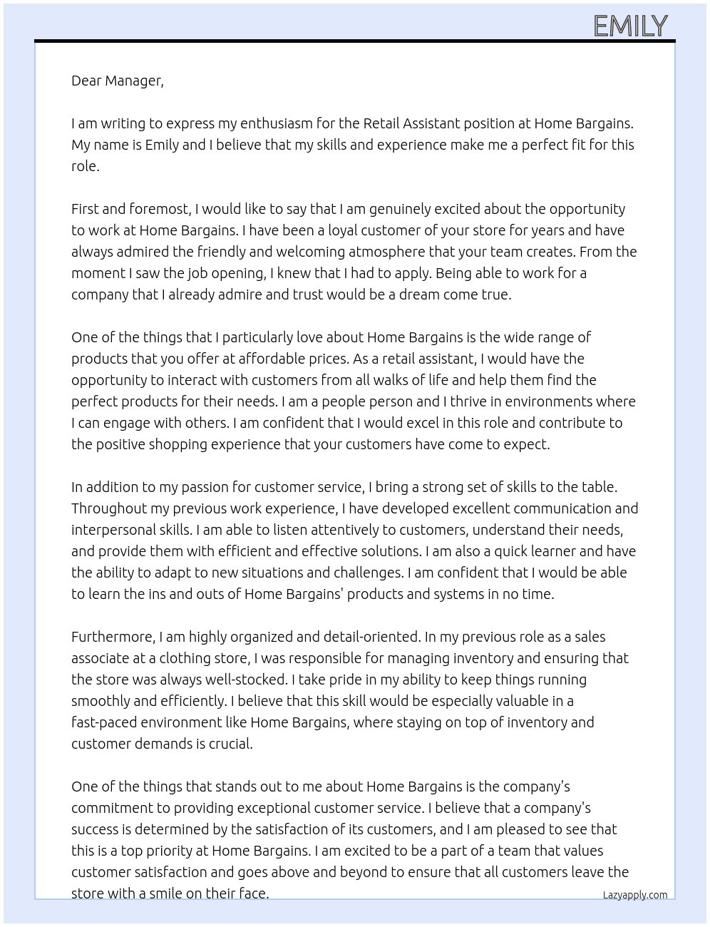 Retail assistant  At Home bargains  Cover Letter