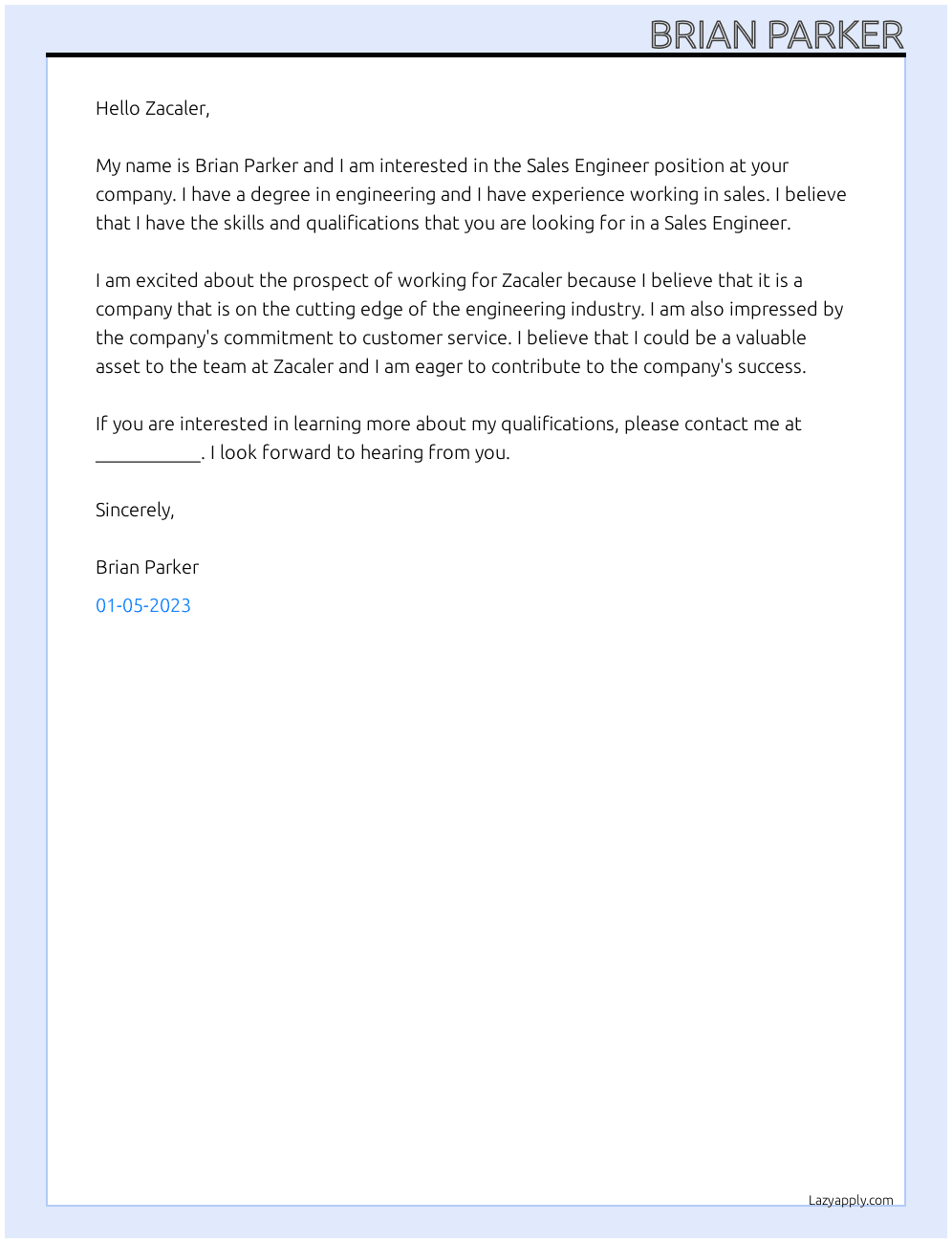 Sales Engineer  At Zacaler Cover Letter