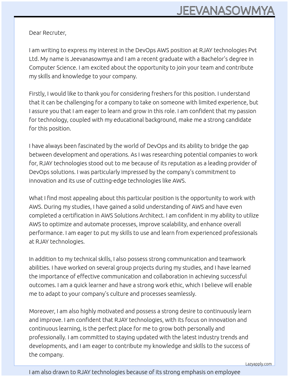 DevOps AWS (Freshers) At RJAY technologies Pvt Ltd Cover Letter