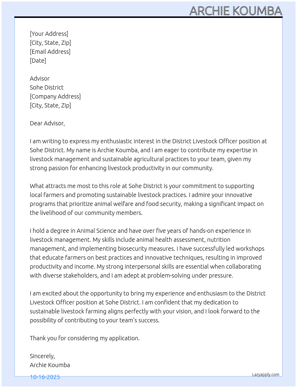 Cover letter for district livestock officer - LazyApply