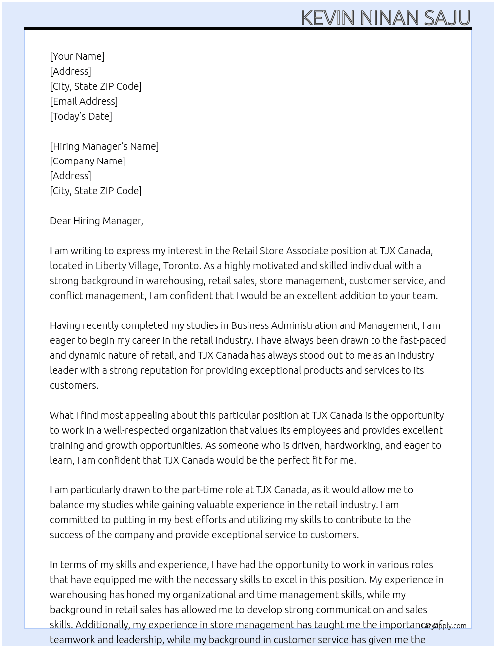 Retail Store Associate At TJX Canada Cover Letter
