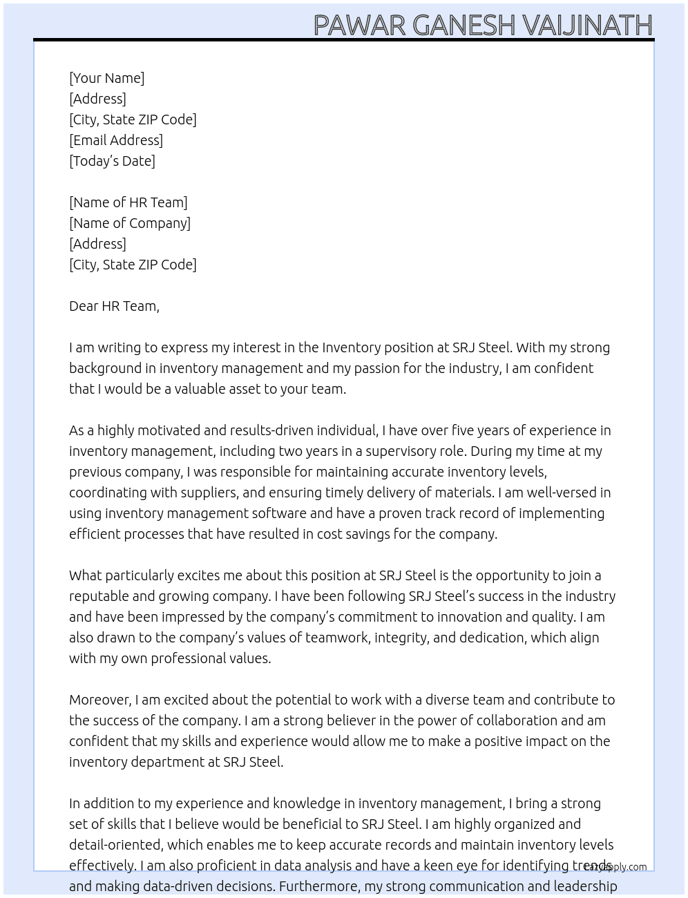 inventory  At srj steel Cover Letter