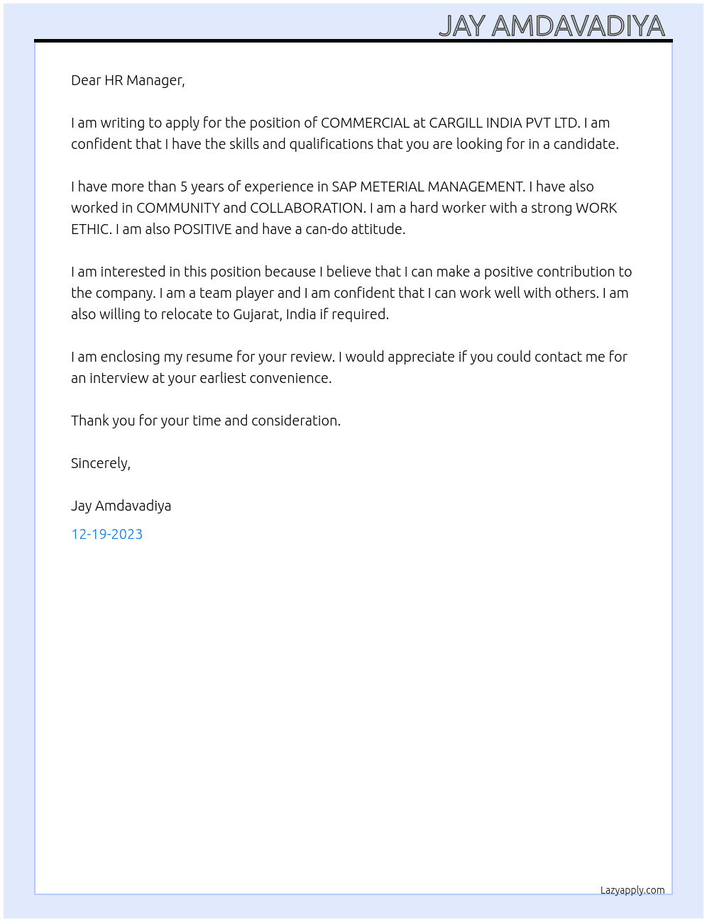 COMMERCIAL  At CARGILL INDIA PVT LTD  Cover Letter