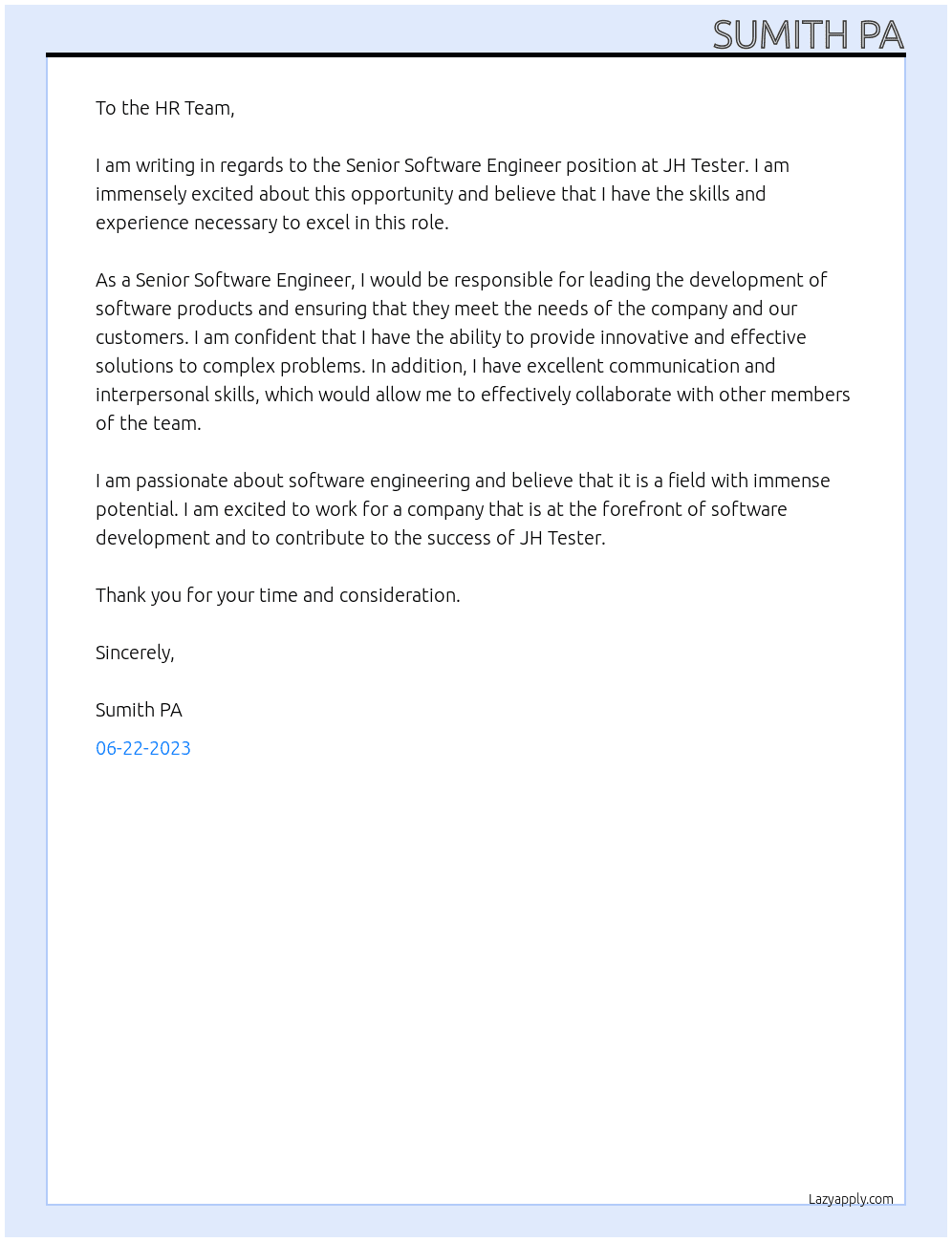 Senior Software engineer At JH Tester Cover Letter