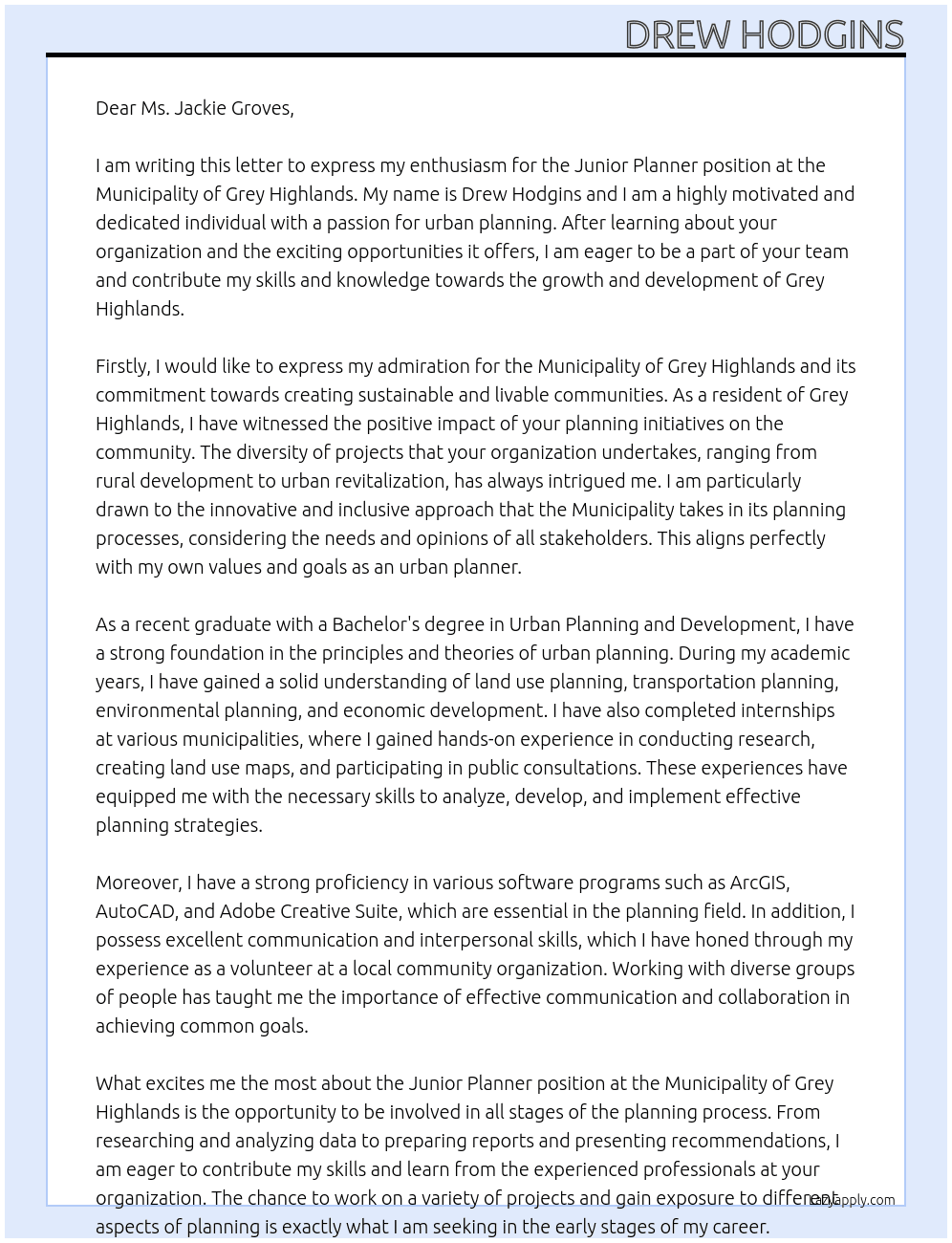 Junior Planner At Municipality of Grey Highland Cover Letter