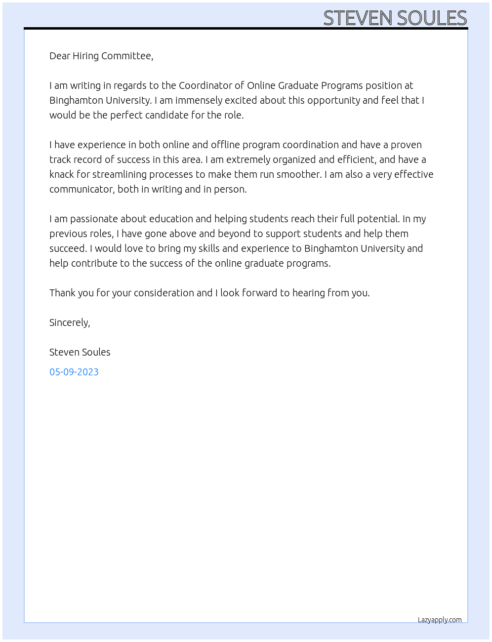Coordinator of Online Graduate Programs  At Binghamton University  Cover Letter