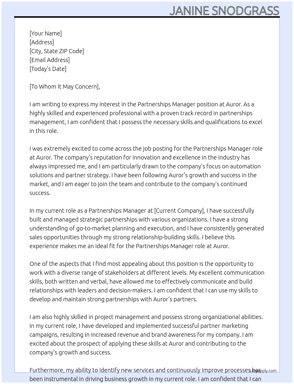 Partnerships Manager At Auror Cover Letter