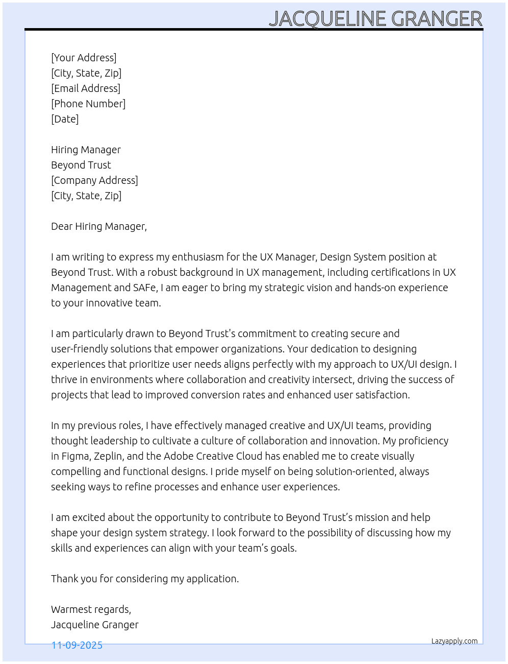UX Manager, Design System At Beyond Trust Cover Letter