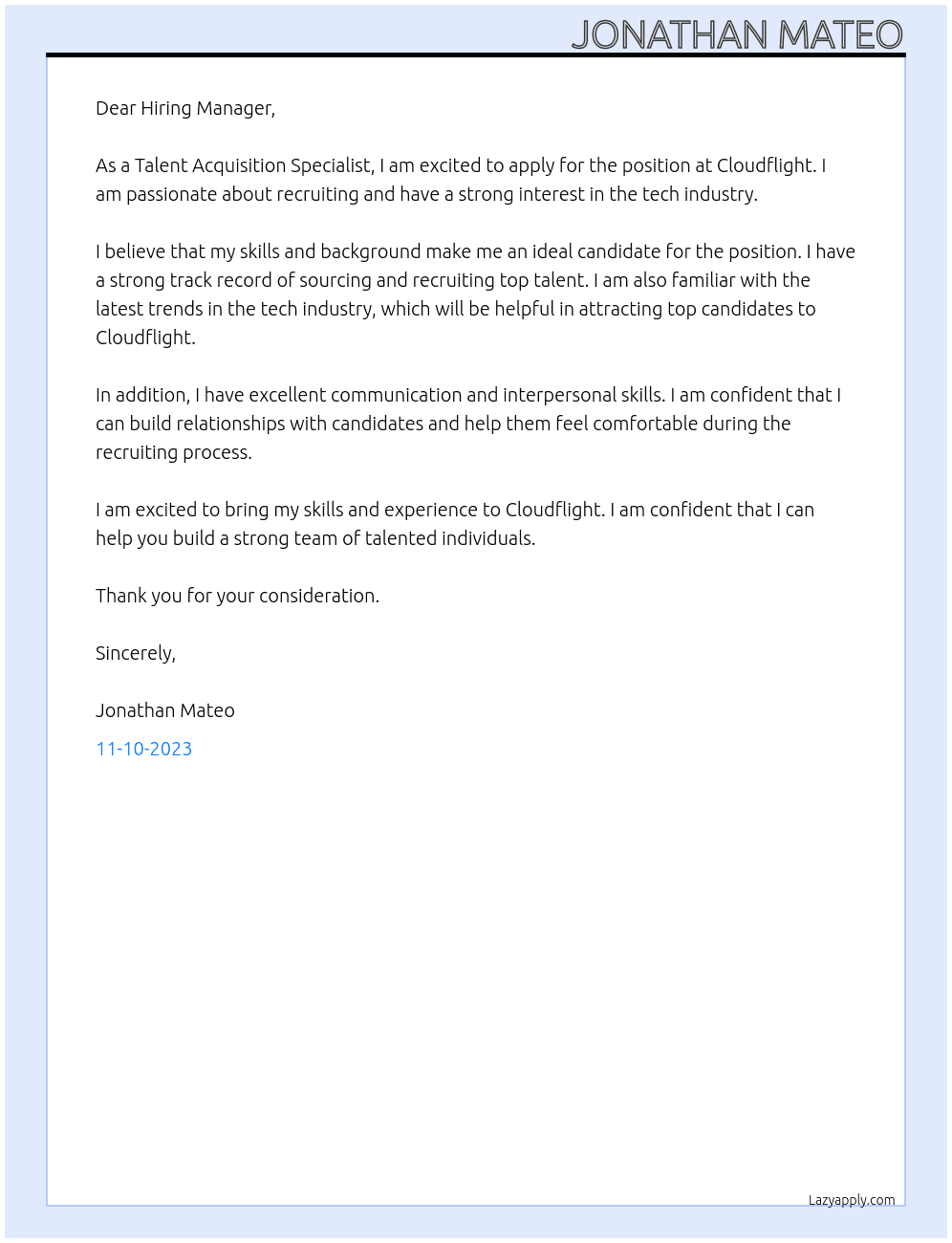 Talent Acquisition Specialist At Cloudflight Cover Letter