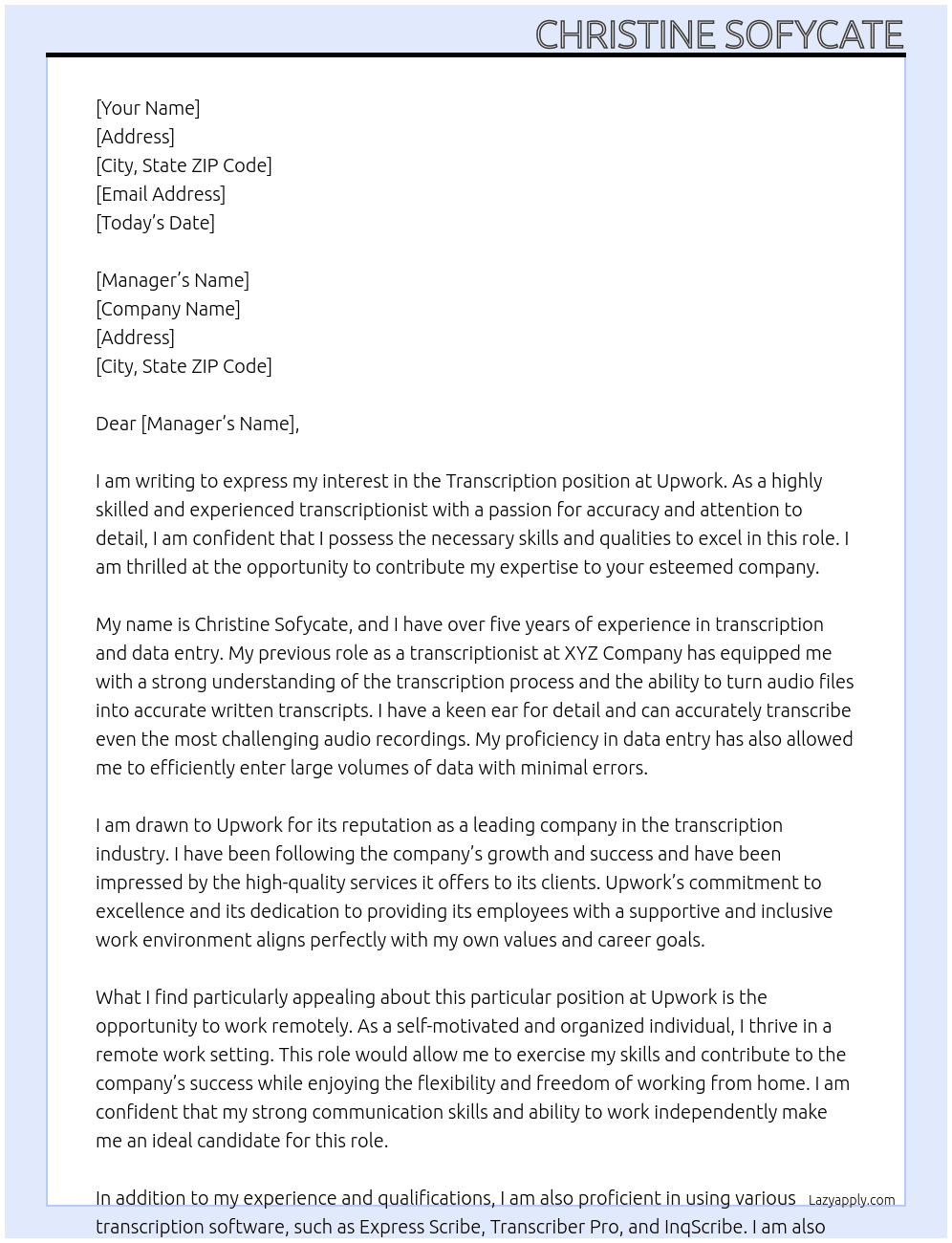 Transcription At upwork Cover Letter
