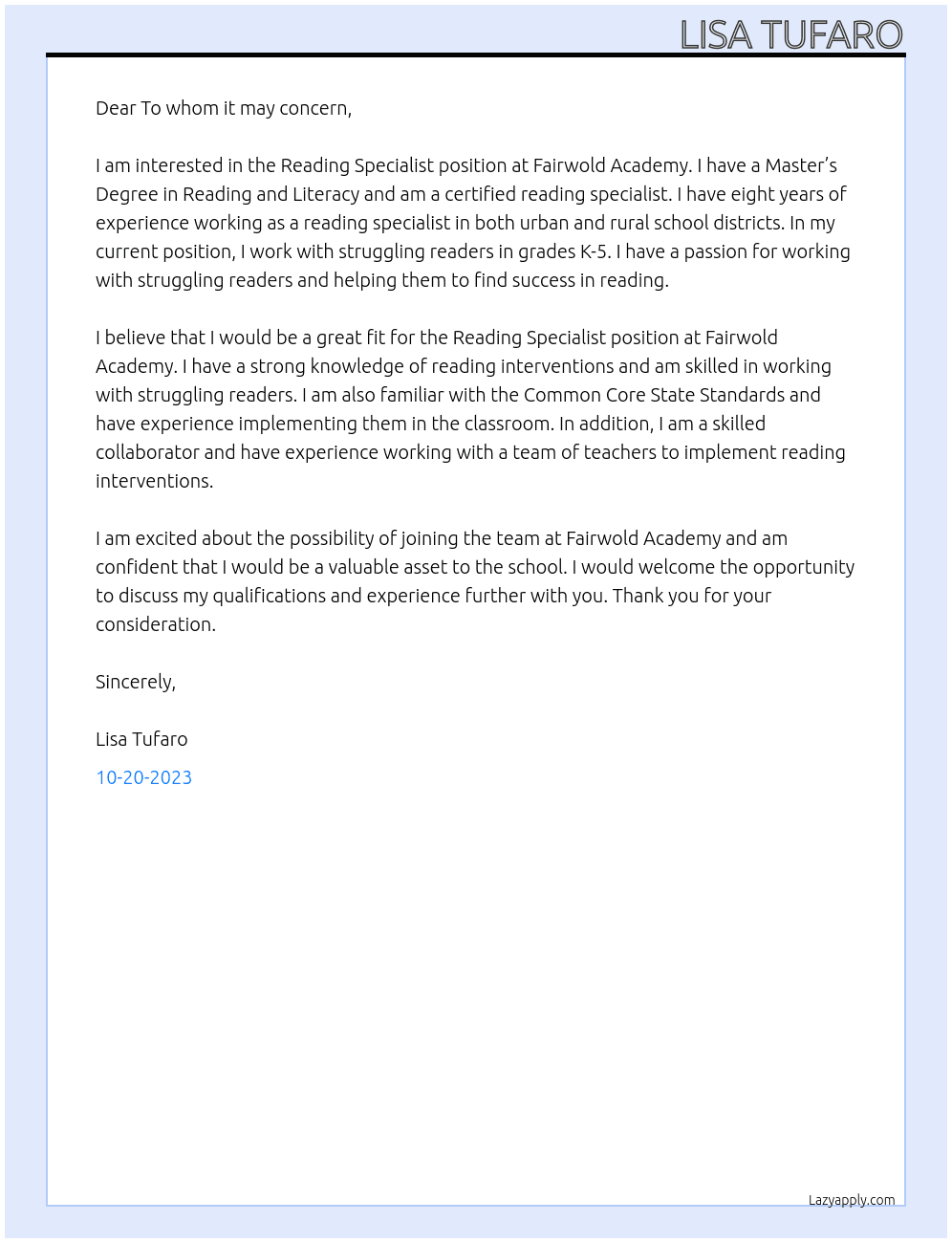 Reading Specialist At Fairwold Academy Cover Letter