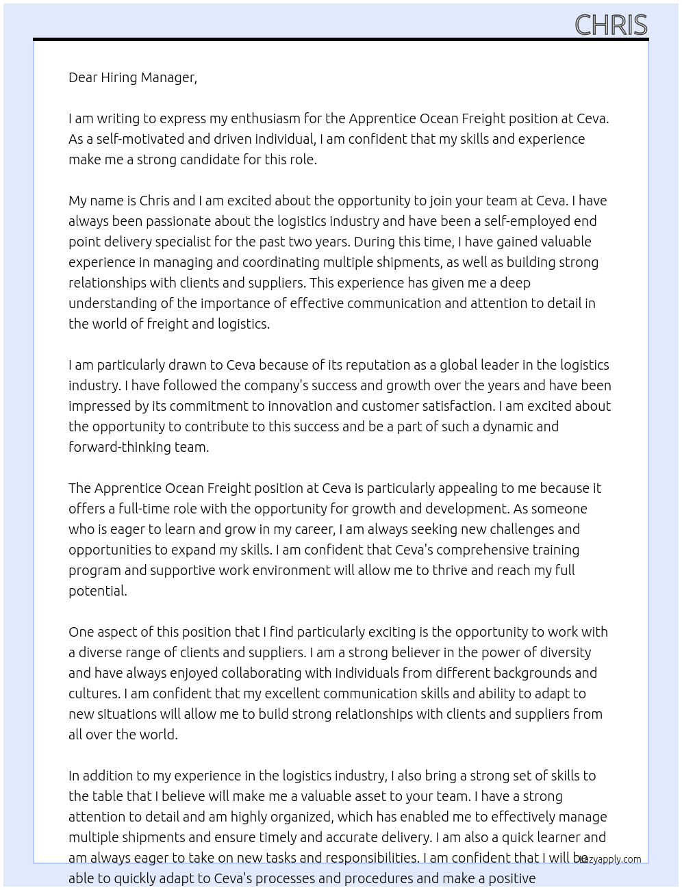 Cover letter for apprentice ocean freight - LazyApply