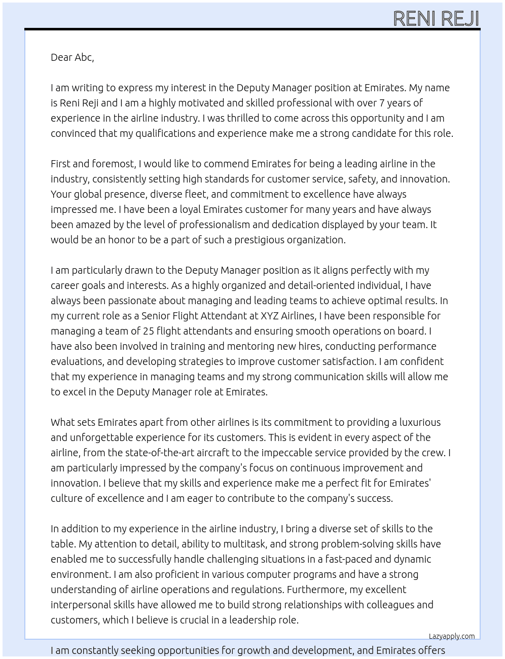 Deputy Manager At Emirates Cover Letter