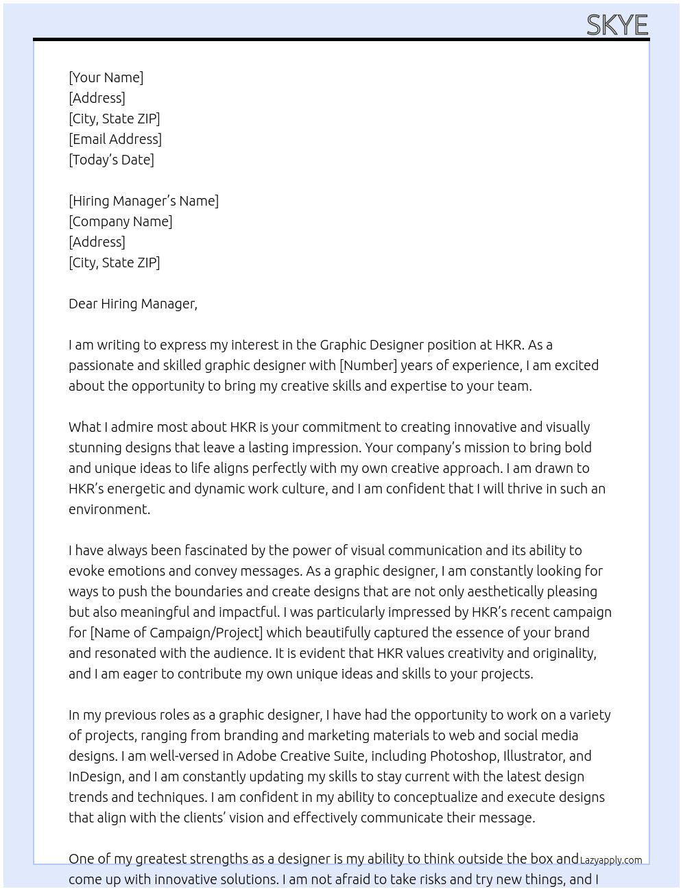 Graphic Designer At HKR Cover Letter
