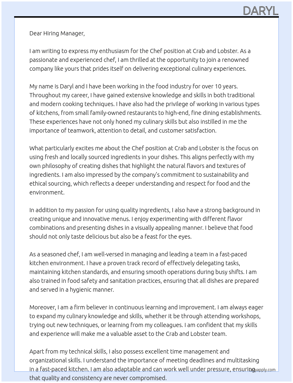 Chef At Crab and Lobster Cover Letter
