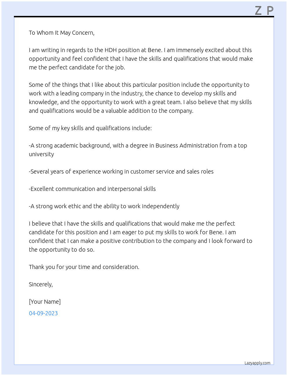 hdh At bene Cover Letter