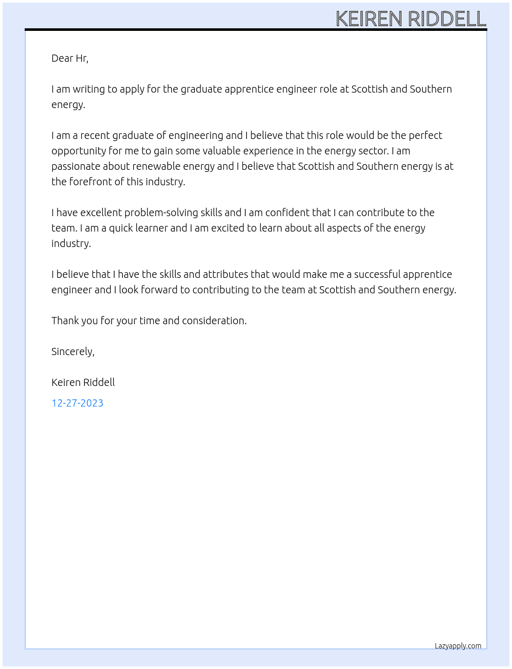 Graduate apprentice engineer  At Scottish and Southern energy  Cover Letter