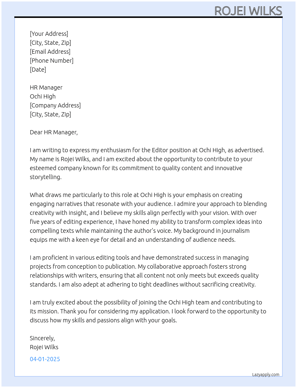 Editor At Ochi high  Cover Letter