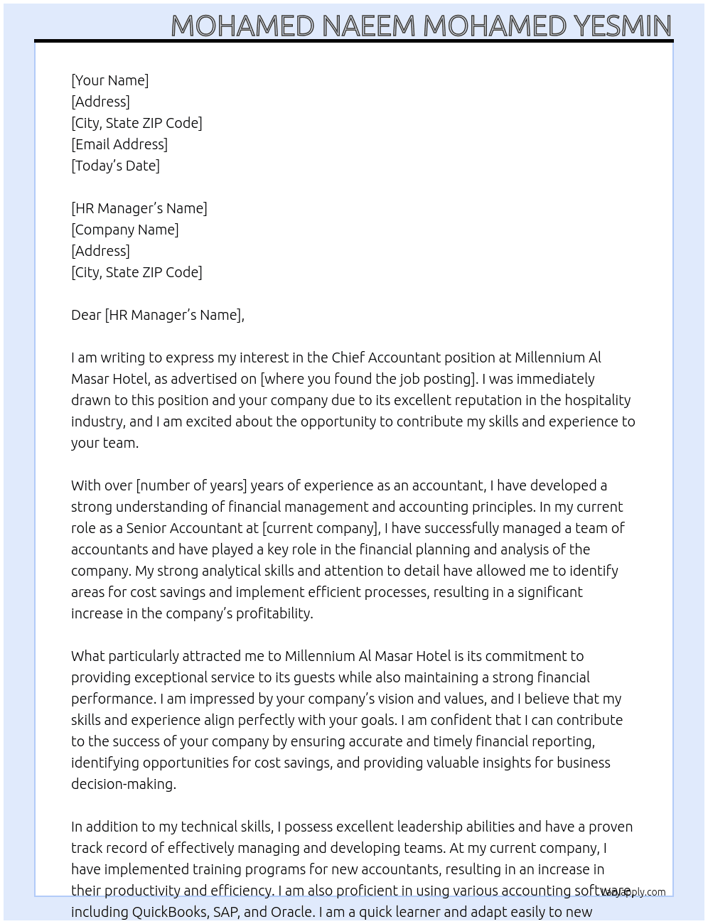 Chief Accountant At Millennium Al Masar Hotel Cover Letter
