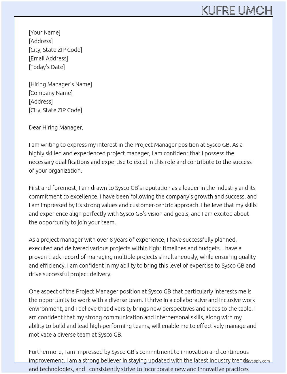 Project Manager At Sysco GB   Cover Letter