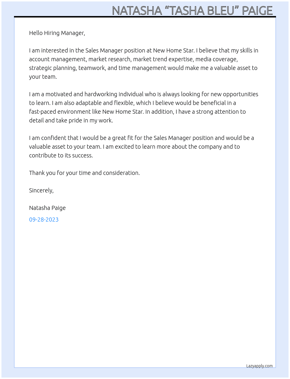 Sales Manager At New Home Star Cover Letter
