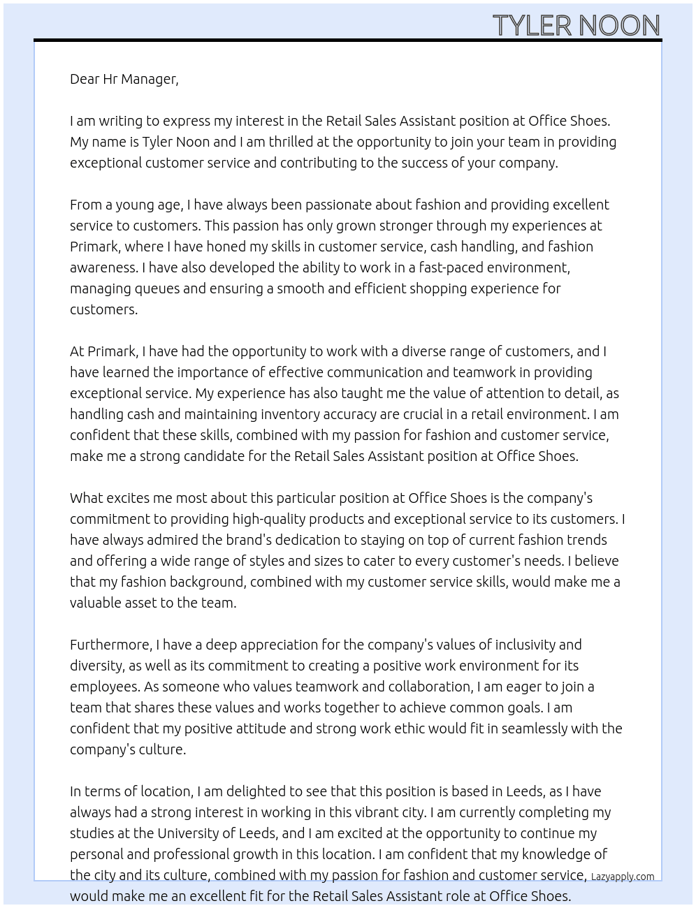 retail sales assistant At Office Shoes Cover Letter