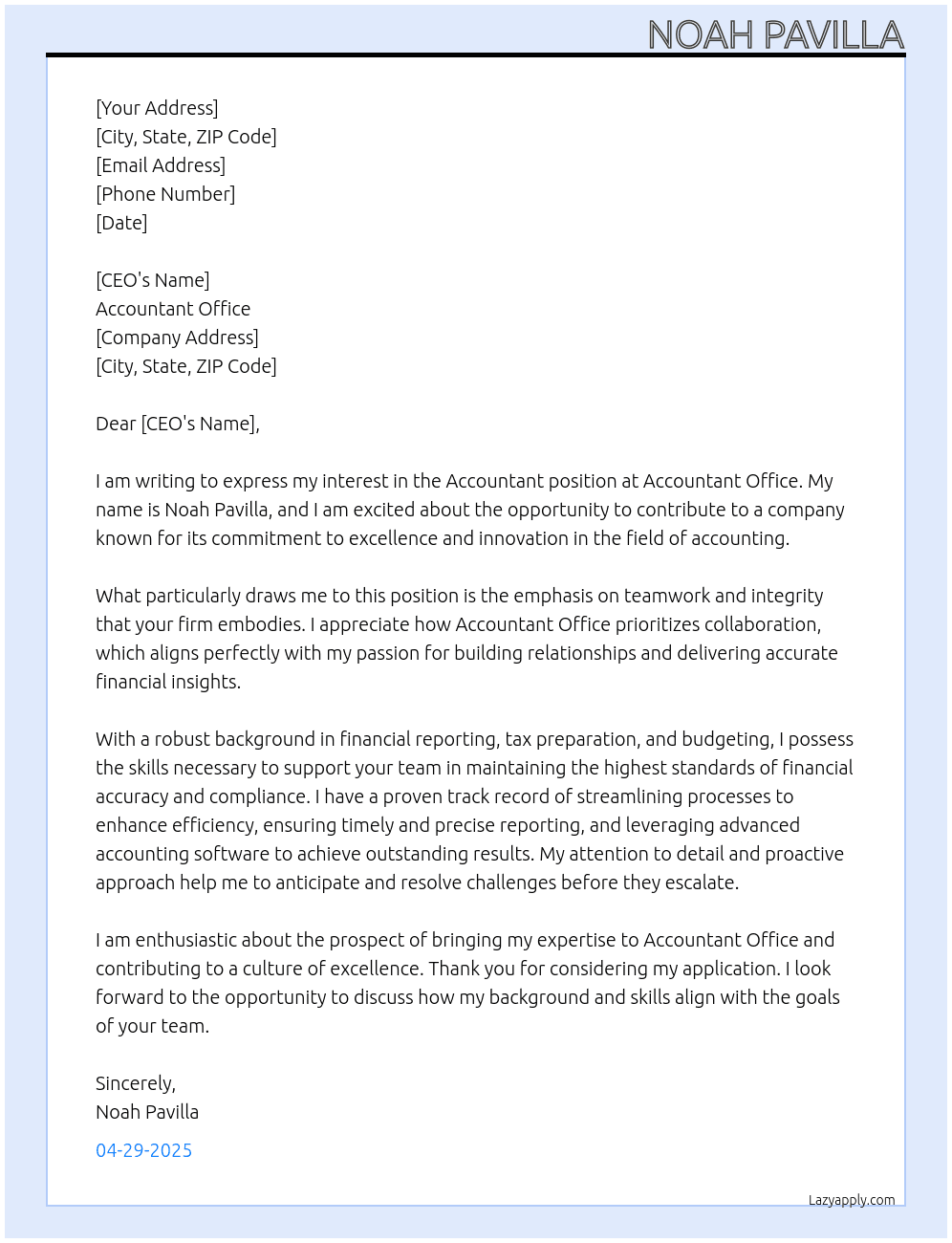 Accountant At Accountant office Cover Letter
