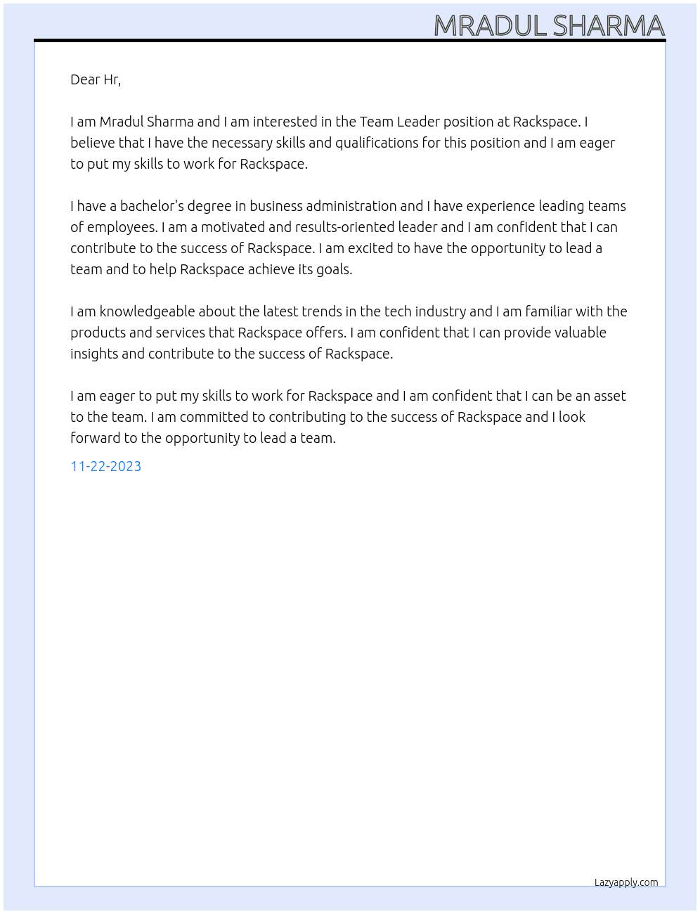 Team Leader At Rackspace Cover Letter