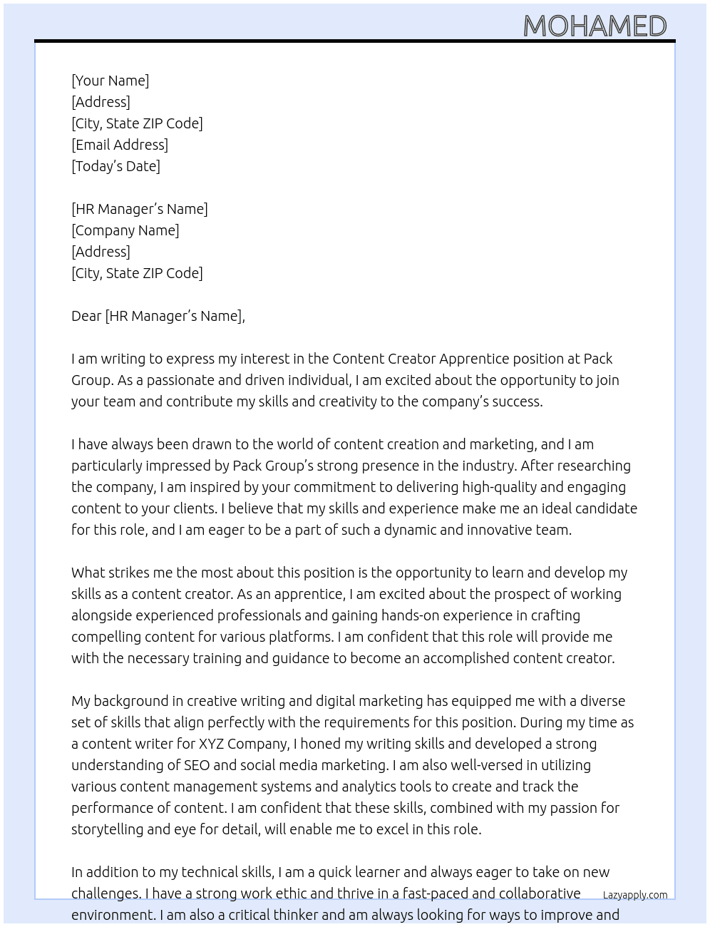 content creator apprentice  At pack group Cover Letter