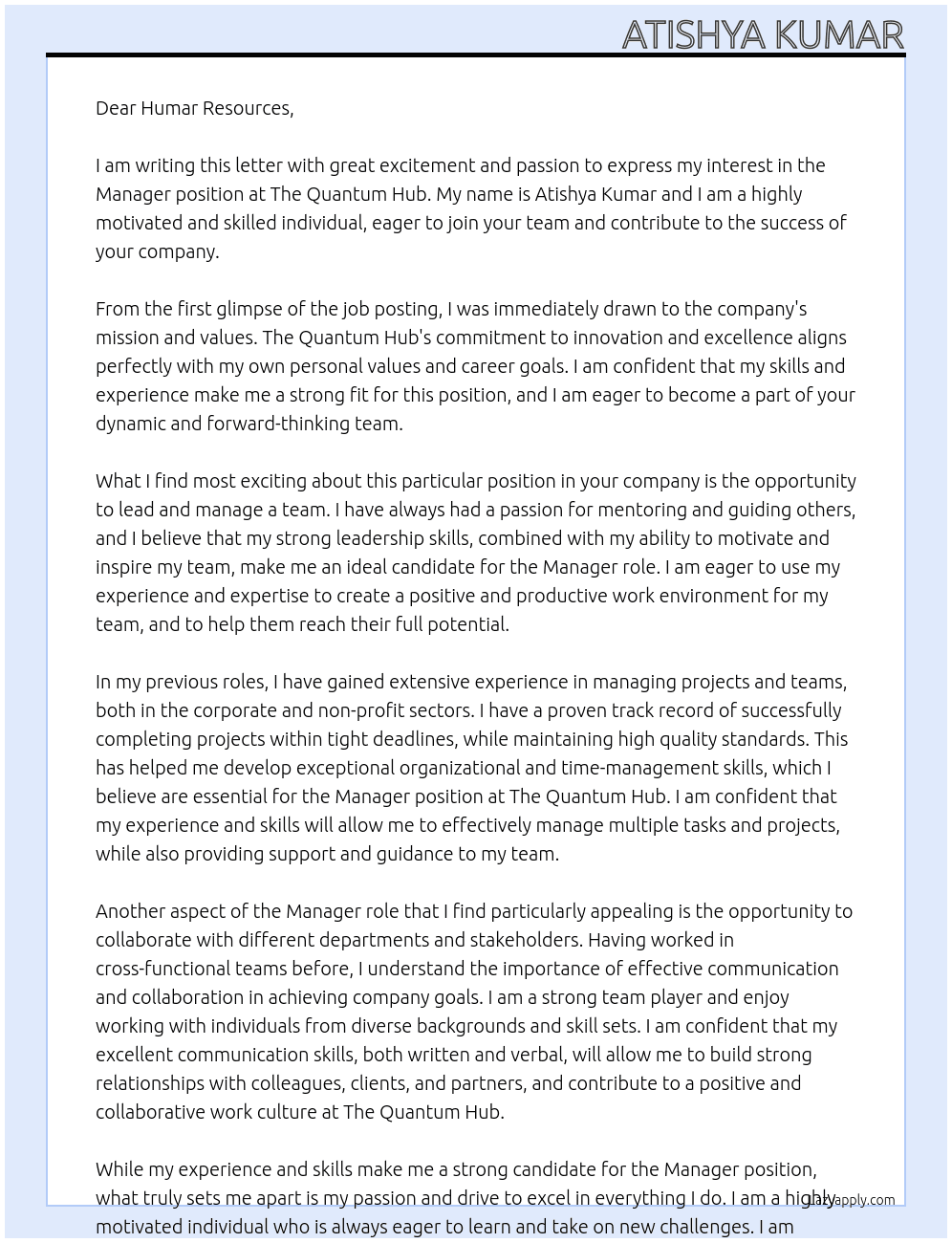Manager At The Quantum Hub Cover Letter