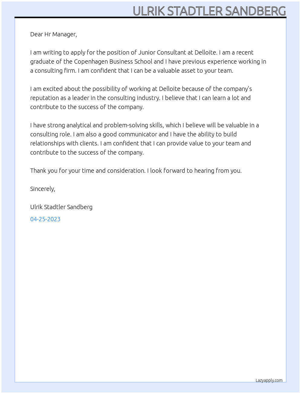 Junior Consultant At Delloite Cover Letter