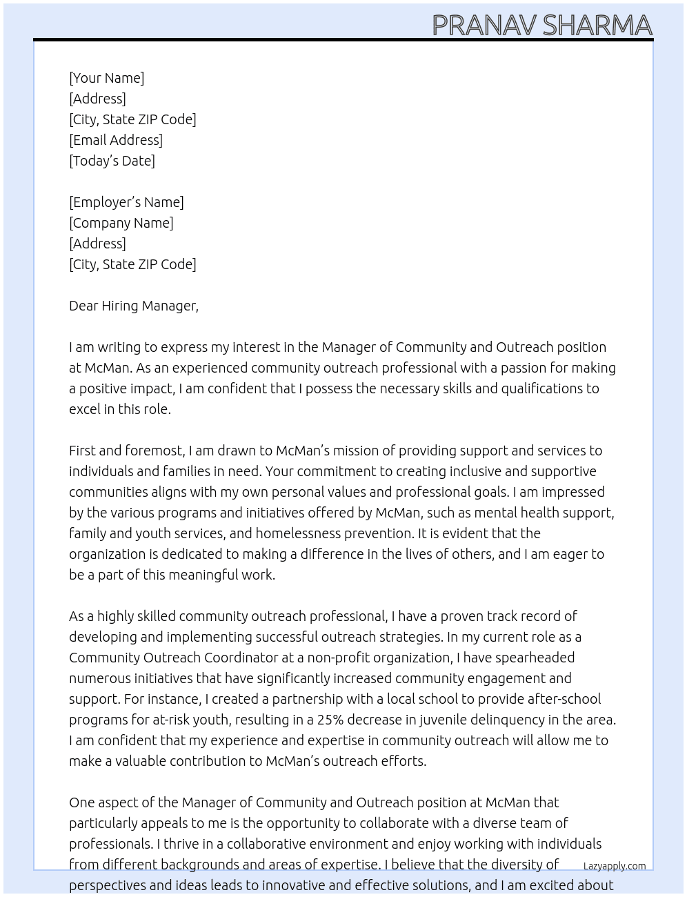 Manger community and outreach At McMan Cover Letter