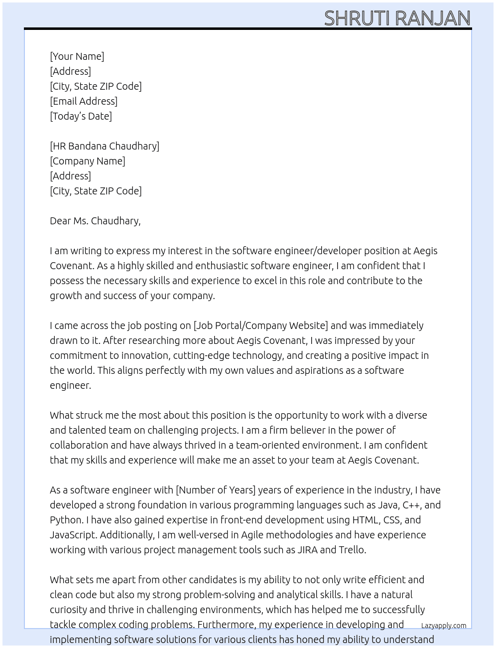 software engineer or developer At Aegis Covenant Cover Letter