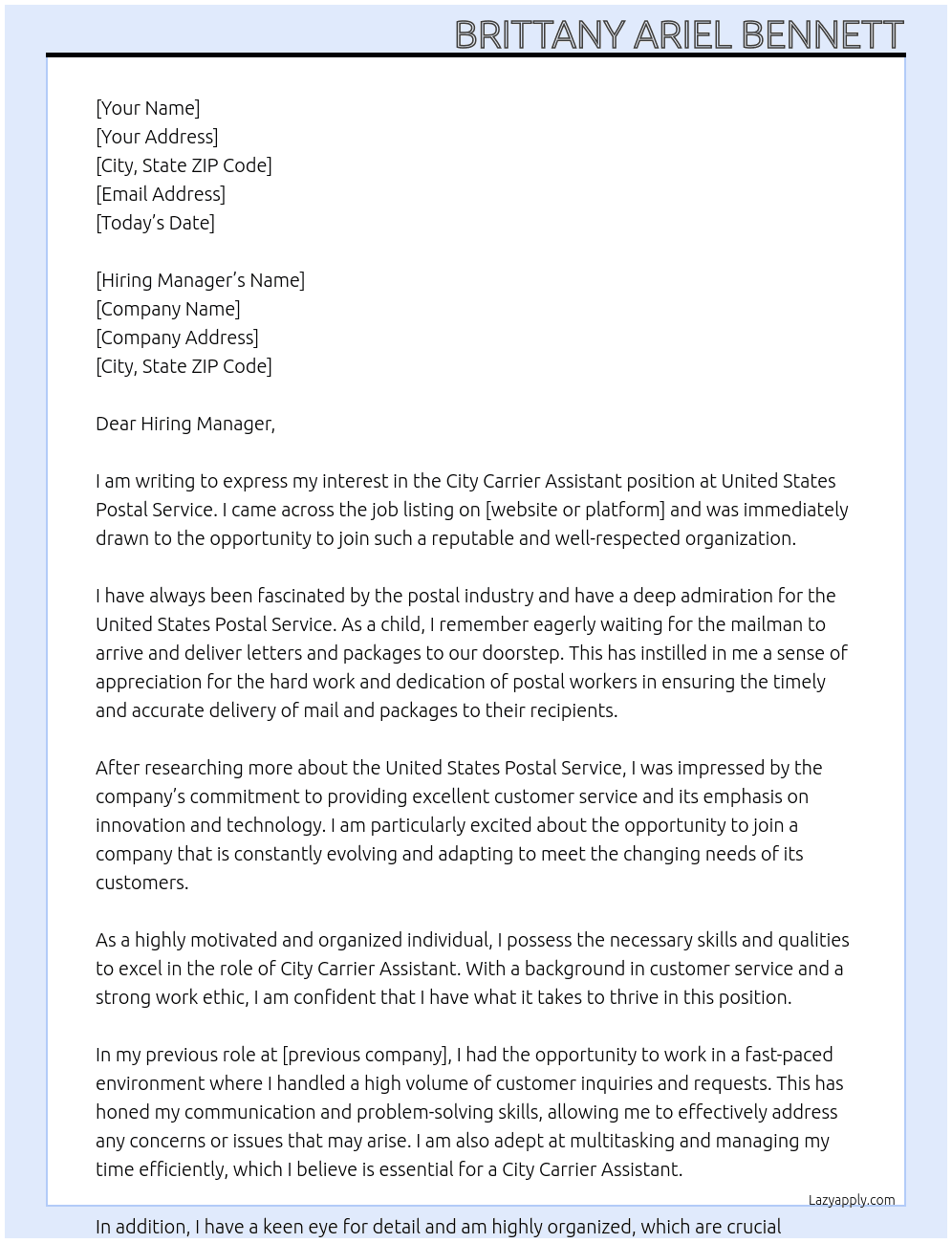 City Carrier Assistant  At United States Postal Service  Cover Letter