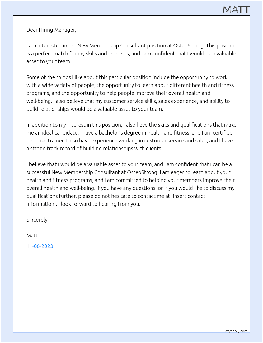 New Membership Consultant At OsteoStrong Cover Letter