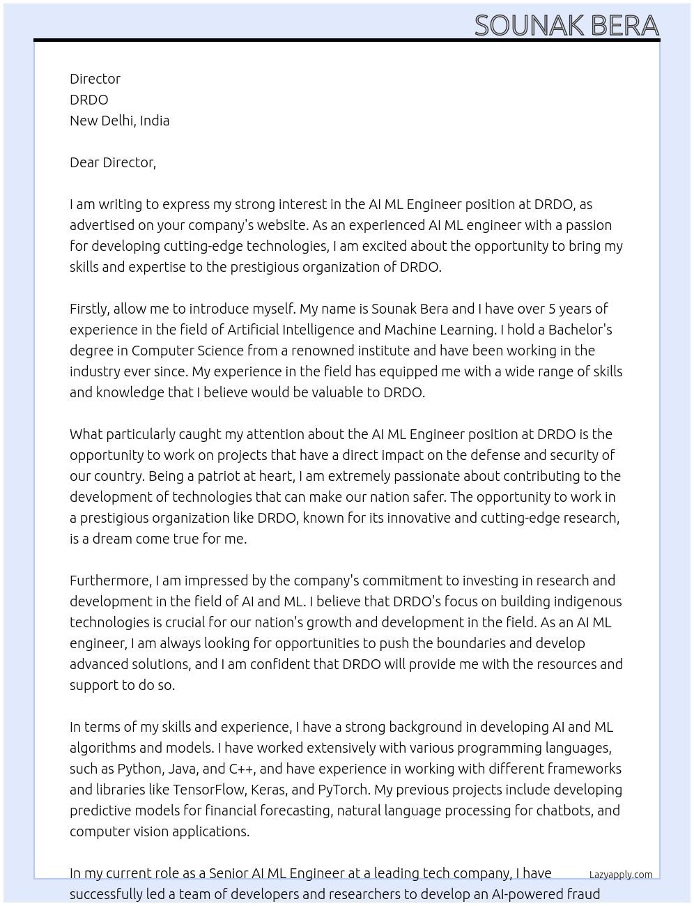 AI ML engineer At DRDO Cover Letter