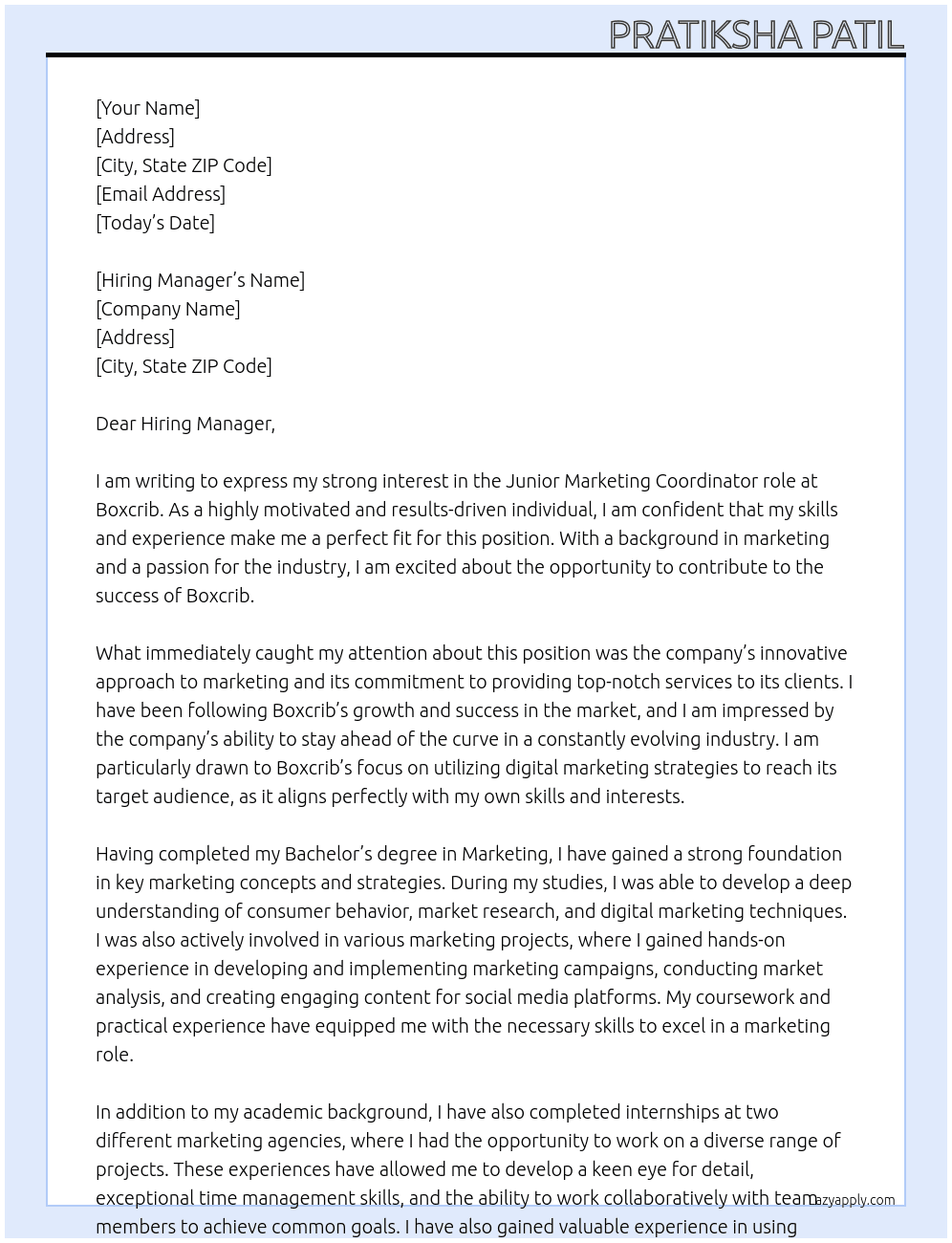 Junior Marketing Coordinator role At Boxcrib Cover Letter