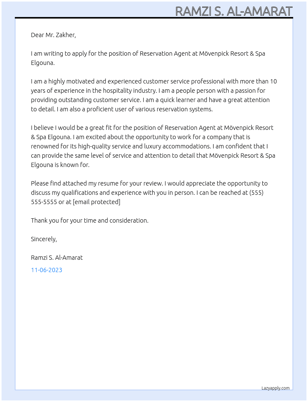 Reservation Agent At Mövenpick Resort & Spa Elgouna Cover Letter