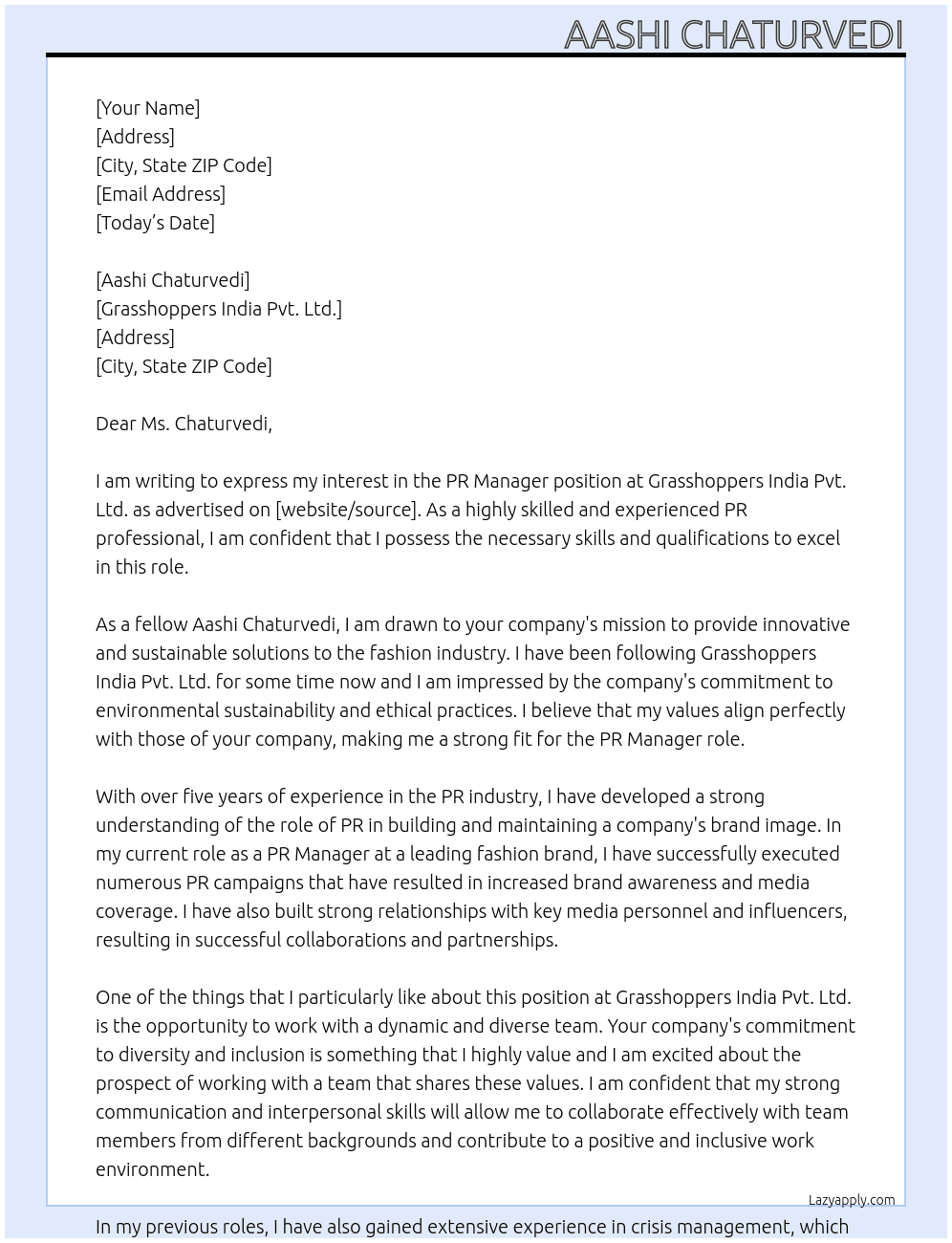 PR Manager At Grasshoppers India Pvt. Ltd.  Cover Letter