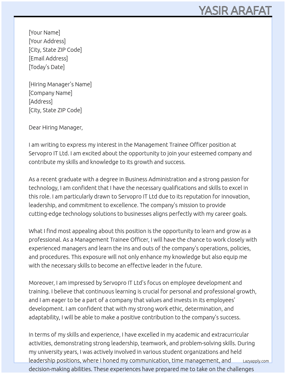 Management Trainee Officer At Servopro IT Ltd. Cover Letter
