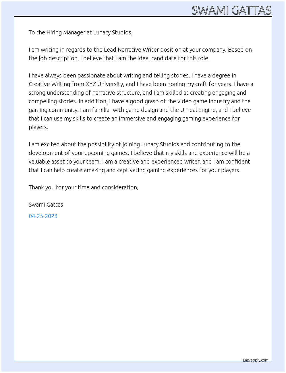 Lead Narrative Writer At Lunacy Studios Cover Letter