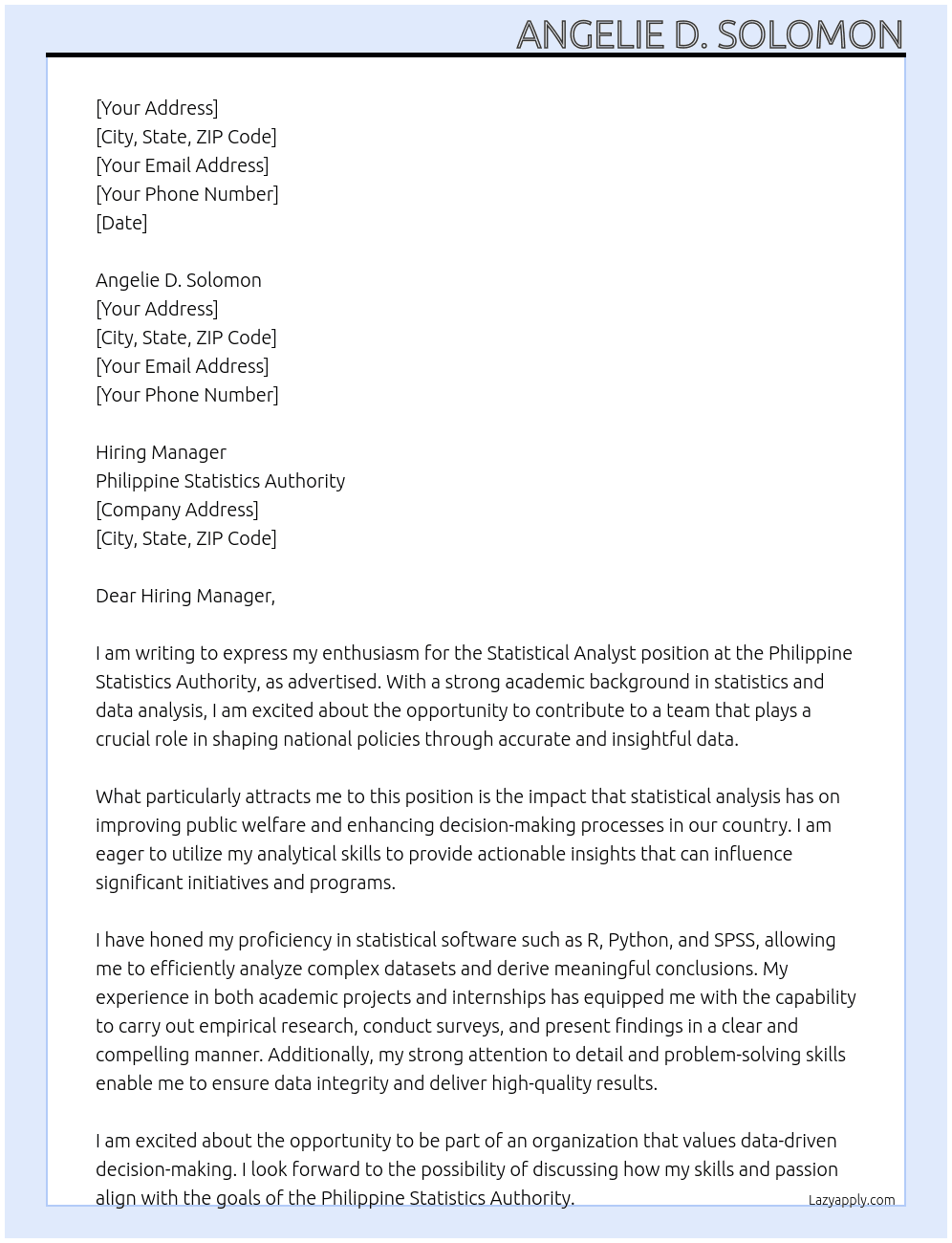 Statistical Analyst At Philippine Statistics Authority Cover Letter
