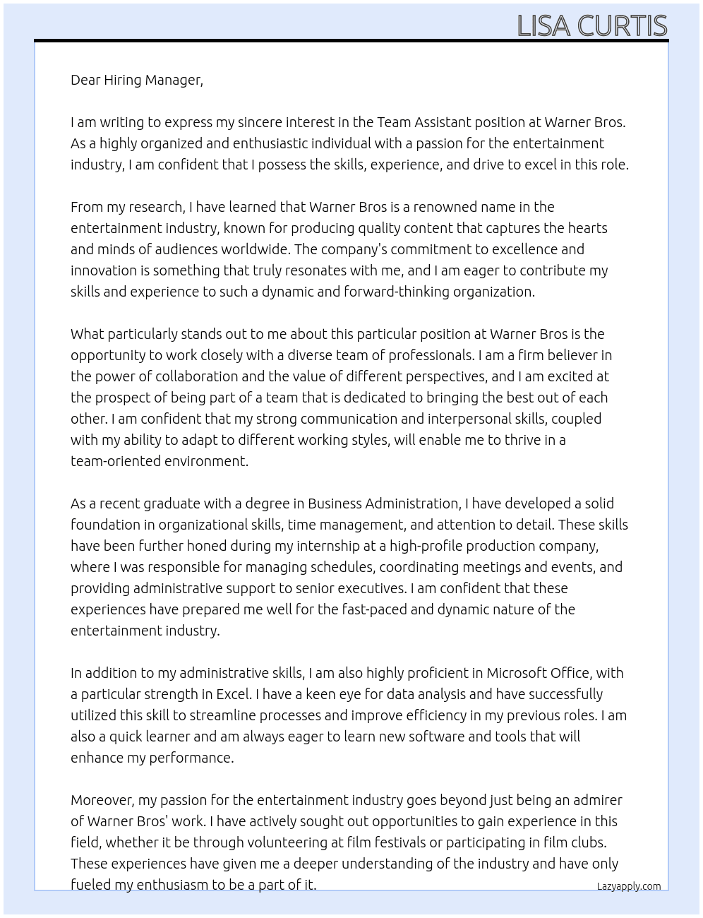 team assistant At warner bros Cover Letter