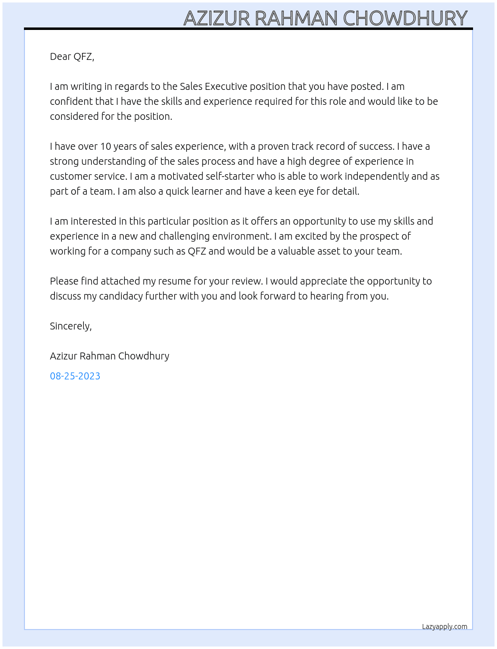 Sales Executive  At QFZ Cover Letter