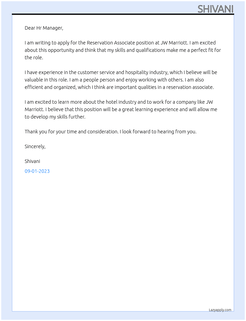 Reservation Associate At JW Marriott Cover Letter
