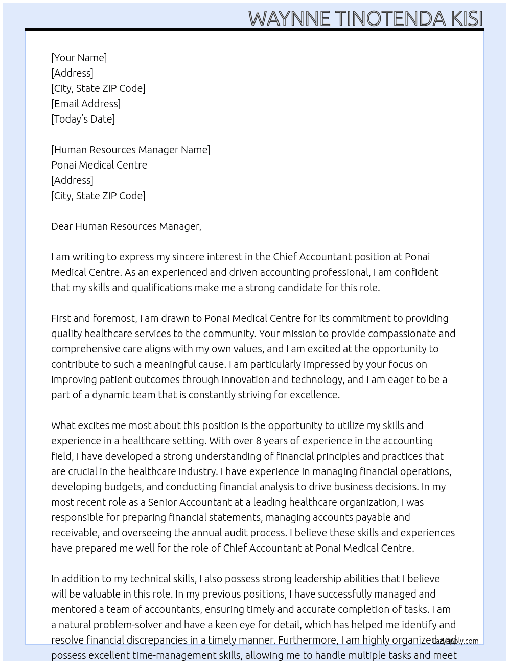Chief Accountant At Ponai Medical Centre Cover Letter