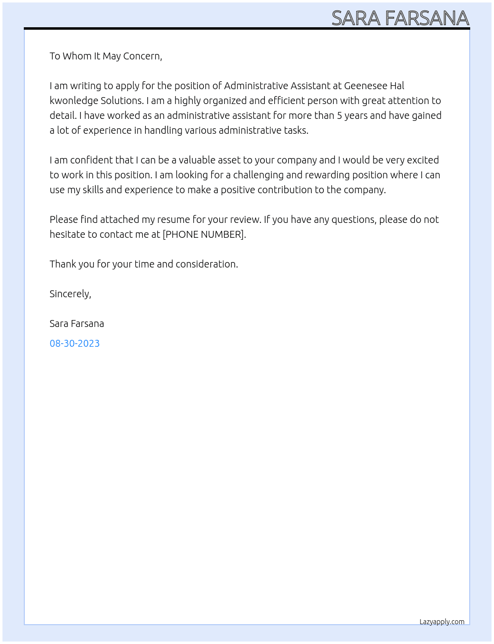 Administrative assistant  At Geenesee Hal kwonledge Solutions  Cover Letter